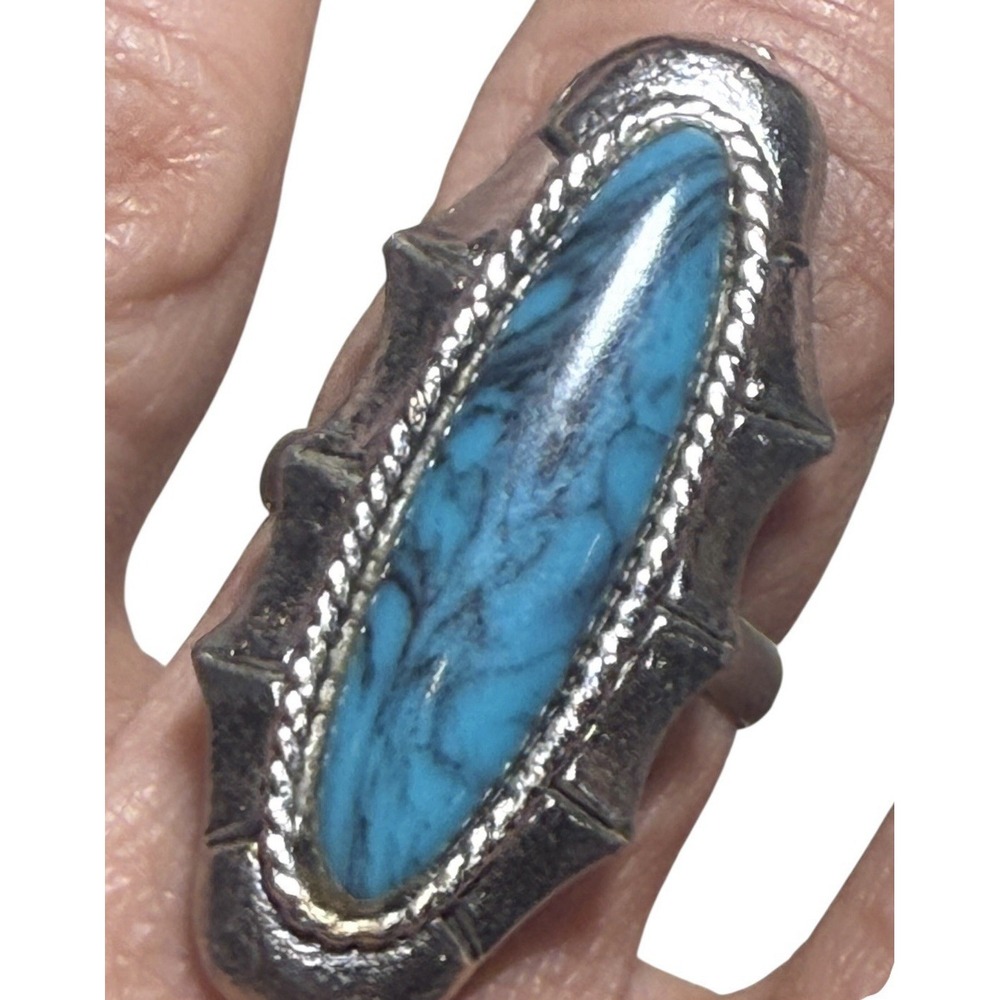 Vtg Turquoise Cabochon Ring Silver Tone Adjustable Long Oval Boho Southwestern